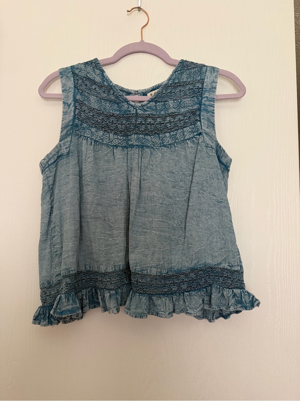 POL Light Blue Embroidered Tank with Ruffle Hem